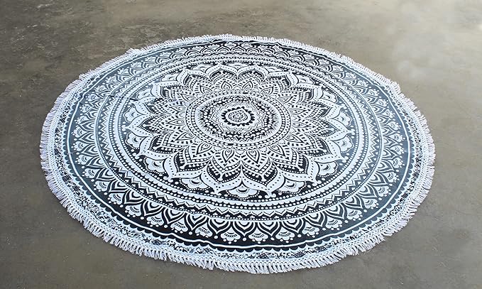 Round Beach Tapestry Turquoise Mandala Throw/Boho Hippie Beach Blanket Roundie/Indian Cotton Bohemian Large Round Table Cloth-Home Decor/Yoga Mat Meditation Picnic Rug (42", Grey)