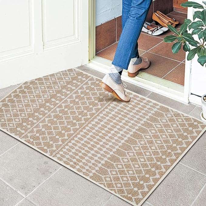 Cotton Morroccan Area Runner Rug 27x45 Inches - Beige, Non Slip Soft & Sturdy Patio Runners Ideal for Hallways, Entryway, Kitchen, Bedroom | Machine Washable Neutral Boho Door Mat for Bathroom