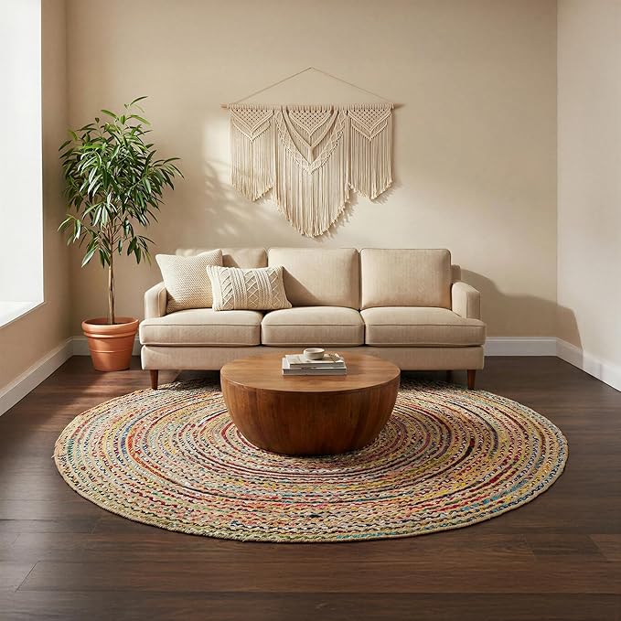 · REDEARTH · Jute Cotton Chindi Area Rug - 8' Round Rug, Handwoven, Non-Shedding, Soft & Durable – Multi Tones for Home Décor in Living Room, Dining Room, Bedroom