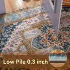 YJ.GWL Area Rugs for Living Room 4x6 Machine Washable Rugs for Bedroom, Non Slip Floral Vintage Rug Indoor Carpet, Stain Resistant Throw Rug for Dining Room Kitchen, Brown Blue