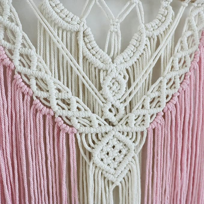 Macrame Wall Hanging Shelf Pink Floating Shelves Rope Shelf for Hanging Plants Pink Boho Decor for Bedroom Living Room, Gift for Housewarming, 1 Tier