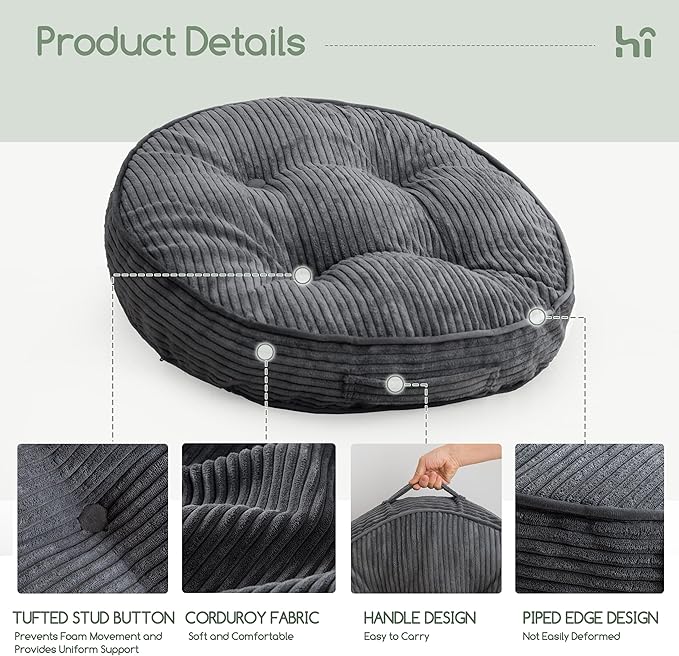 HIGOGOGO Floor Pillow Cushion for Adults, Meditation Cushion Pillow, Large Round Floor Sitting, Tufted Corduroy Cover, for Tatami Living Room or Yoga, 22x22 Inch, 2Pack, Dark Grey
