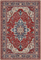 Area Rugs Round 8ft Washable Non-Slip, Floral Vintage Distress Print Pattern Medallion Carpet for Living Room Bedroom Dining Room, Red Blue