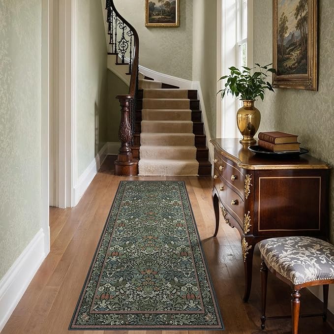 GENIMO 2x6 Runner Rug for Hallway Kitchen Entryway, Non Slip Washable Vintage Boho Soft Thin Floral Carpet, Indoor Low Pile Rug for Bedroom Bathroom Laundry Room, Dark Green