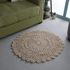 Jute Hand Crochet Rug, Natural - 3 Feet Round, Non Slip Decorative Small Area Rugs for Bedroom, Kitchen, Living Room, Nursery | Farmhouse Accent Scalloped Rustic Door Mat for Patio Décor
