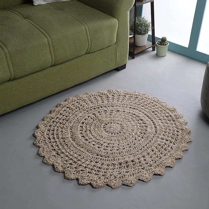 Jute Hand Crochet Rug, Natural - 3 Feet Round, Non Slip Decorative Small Area Rugs for Bedroom, Kitchen, Living Room, Nursery | Farmhouse Accent Scalloped Rustic Door Mat for Patio Décor