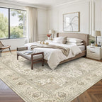 10x14 Area Rugs for Living Room - Large Washable Rug with Non-Slip Backing, Super Soft Vintage Carpet for Bedroom, Ultra-Thin Farmhouse Indoor Area Rug Home Decor (Ivory/Beige, 10'x14')