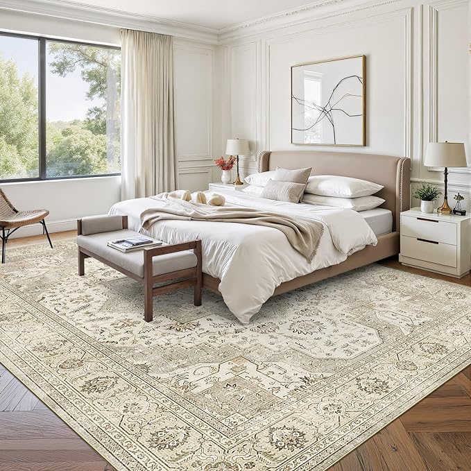 10x14 Area Rugs for Living Room - Large Washable Rug with Non-Slip Backing, Super Soft Vintage Carpet for Bedroom, Ultra-Thin Farmhouse Indoor Area Rug Home Decor (Ivory/Beige, 10'x14')