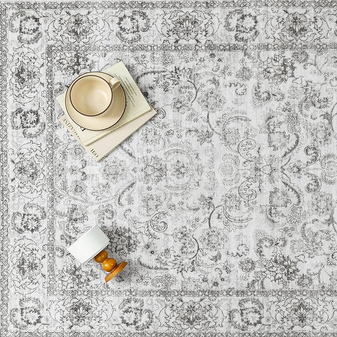 HUGEAR 2x3 Entryway Area Rug Grey Small Rug Machine Washable Door Mat Neutral Vintage Floral Low Pile Carpet Distressed Throw Rug Entrance Kitchen Bathroom Bedroom Office Non Slip Soft Lightweight