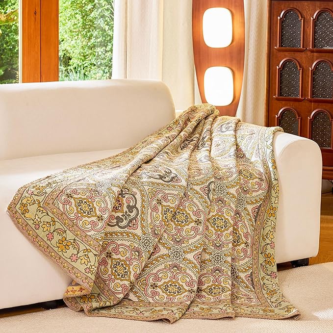 King Boho Throw Blanket, 100% Organic Cotton Breathable Skin-Friendly Ultra Soft 91" x 98" Bed Quilt Throw - Floral Rustic Decor Luxury Reversible Blanket for Sofa Couch Chair and Gift