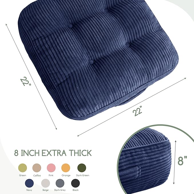 HIGOGOGO 8" Extra Thick Floor Pillow Cushion for Adults, Meditation Cushion Pillow, Large Square Floor Sitting, Tufted Corduroy Cover, for Tatami Living Room or Yoga, 22x22 Inch, 2Pack, Navy