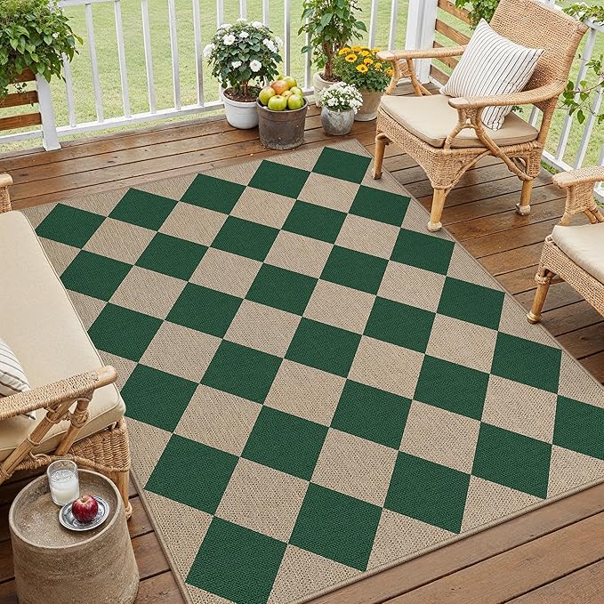 4x6 Checkered Easy Jute Area Rug for Living Room Checkerboard Washable Indoor Outdoor Carpet Farmhouse Patio Office Mat Geometric Non Slip Green Carpet for Dorm Backyard Dining Room