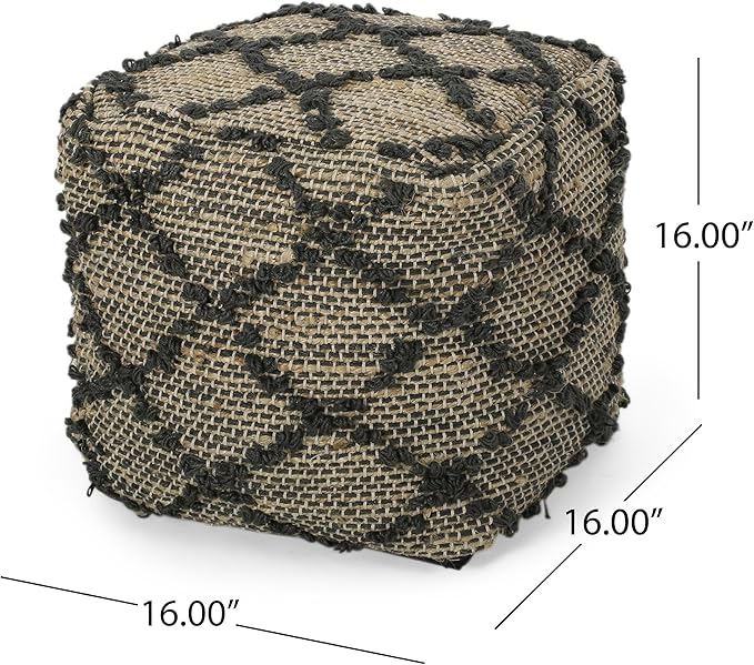 GDFStudio Boho Handmade Fabric Cube Pouf Ottoman Foot Stool - Bean Bag Floor Chair - Foot Rest Couch for Living Room Bedroom,Charcoal,16"" x 16"" x 16"", Cimarro,charcoal, 313838N