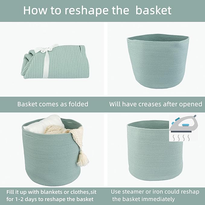 Cotton Rope Basket For Girls Boys Kids 16”X14” Baby Laundry Baskets Nursery Bin Round Woven Basket Organizer For Storage Toys Blankets Shoes Clothes green