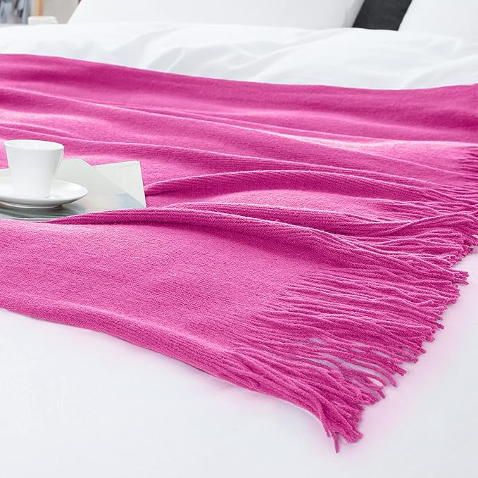 Vonty Hot Pink Knitted Blanket with Tassels Fringe 60" x 80", Super Soft Knit Throw Blanket, Farmhouse Decorative Lightweight Blanket for Couch, Sofa, Bed