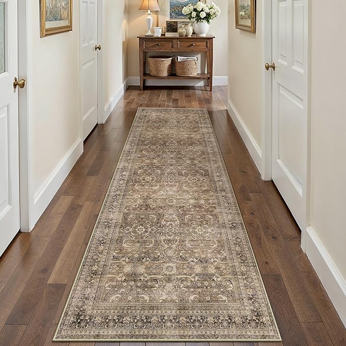 HUGEAR 3x10 Runner Rug Hallway Vintage Brown Machine Washable Retro Floral Low Pile Carpet Vacuumable Distressed Long Throw Rug Bedroom Office Bathroom Kitchen Laundry Non Slip Soft Lightweight