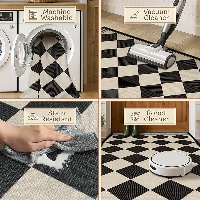 Black and White Diamond Outdoor Easy Jute Front Porch Rug 3x5, Washable Non-Slip Checkered Entryway Rug, Modern Farmhouse Boho Low Pile Indoor Carpet for Living Room, Kitchen, Mudroom, Laundry Room