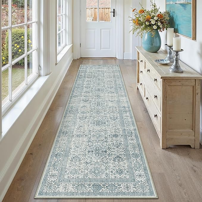 Blue Runner Rug 2x8 Hallway Washable Carpet Soft Vintage Indoor Kitchen Non Slip Bedroom Traditional Retro Distressed Throw Long Rug Bathroom Laundry Entryway Office Dining Room