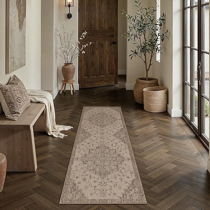 2x6 Easy Jute Runner Rug Washable Brown Floral Hallway Outdoor Rug for Patio Lightweight Non Slip No Sheding Carpet Entryway Doormat Bathroom Backyard Porch Kitchen Bedroom