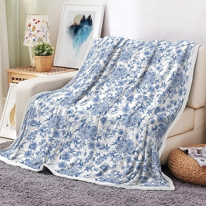 Floral Blanket Blue Floral Throw Blanket, Botanical Flowers Blankets, Soft, Flannel, Warm, Boho Flowers Bed Blankets All Season for Couch Bedroom Living Room, Blue-3 50X70 Inch