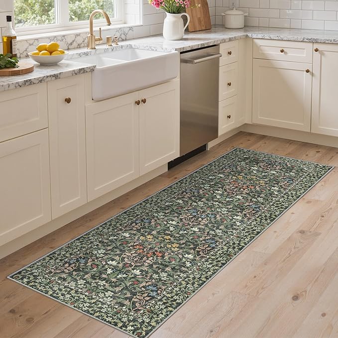 GENIMO Washable Floral Runner Rug 2x8, Non-Slip Long Hallway Carpet for Entryway, Kitchen, Indoor Floor Use, Vintage Boho Soft Thin Rug Décor, Emerald Green