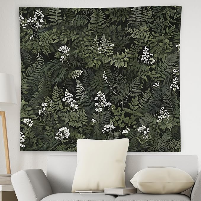 WNAGT Deep Green Floral Botanical Tapestry Wall Hanging, Cottage Core Decor, Vintage Fern Leaf Plant Flower Wall Blanket Decor for Home Bedroom Living Room, 50x60 Inch