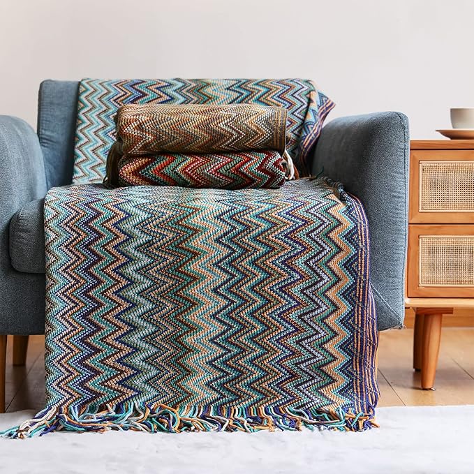 Bohemian Boho Throw Blankets, Knitted with Tassel, Outdoor Reversible Soft Cozy Lightweight Throw Blankets, Couch Bed Sofa Decorative Afghan Throw Blanket All Seasons Blue 50x60 inches