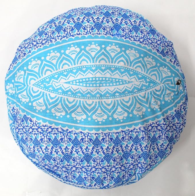 INDIAN CRAFT CASTLE ICC Mandala Barmeri Large Floor Pillow Cover Cushion Meditation Seating Ottoman Throw Cover Hippie Decorative Zipped Bohemian Pouf Ottoman Cases Blue Ombre 24" Round