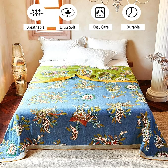 Boho Throw Blanket 60" x 80", 100% Organic Cotton Breathable Ultra Soft Bed Quilt Throw - All Season Luxury Floral Farmhouse Decor Blanket for Sofa Couch Chair and Gift. Green/Blue