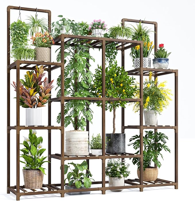 EnHomee Plant Stand Indoor Tall Plant Stand Outdoor Large Wood Plants Shelf with 12-14 Pots for Patio, Living Room, Garden, Balcony, 44.8" Wx47.2 Hx11.78 D