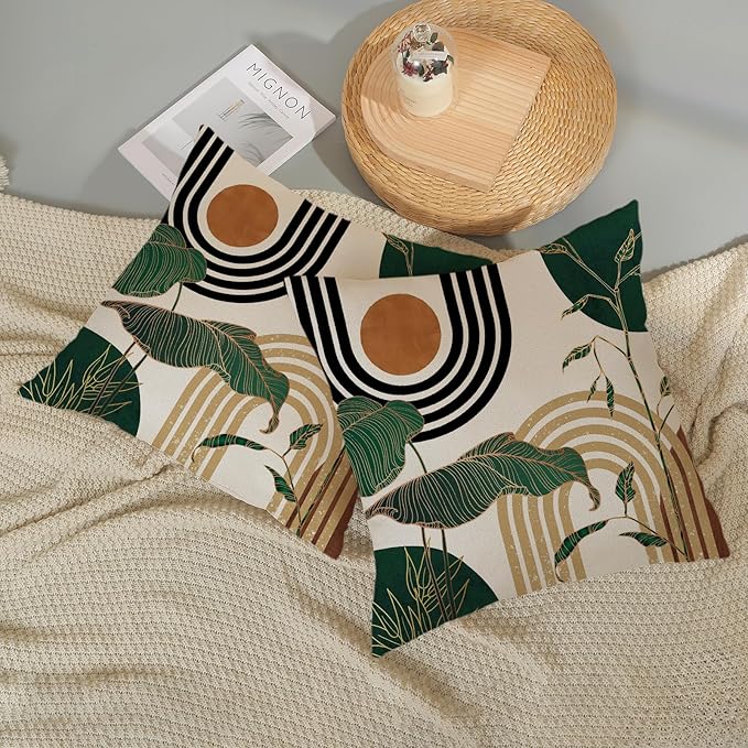 Boho Green Pillow Covers 18x18 Set of 2 Green Gold Leaf Tropical Mid Century Throw Pillows Outdoor Bohemian Modern Decorative Pillowcase Farmhouse Linen Cushion Case for Couch Sofa Decor