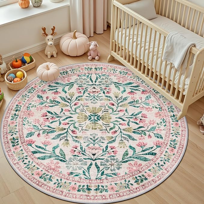 Round Area Rug for Living Room: 4 ft Floral Washable Circle Rug Soft Boho Non-Slip Carpet Indoor Stain Resistant Low Pile Small Circular Rug for Bedroom Entryway Kitchen Nursery Home Office Pink Green