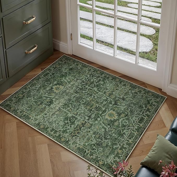 HUGEAR 2x3 Entryway Area Rug Retro Green Small Rug Machine Washable Door Mat Vintage Floral Low Pile Carpet Vacuumable Distressed Throw Rug Entrance Kitchen Bathroom Bedroom Non Slip Lightweight