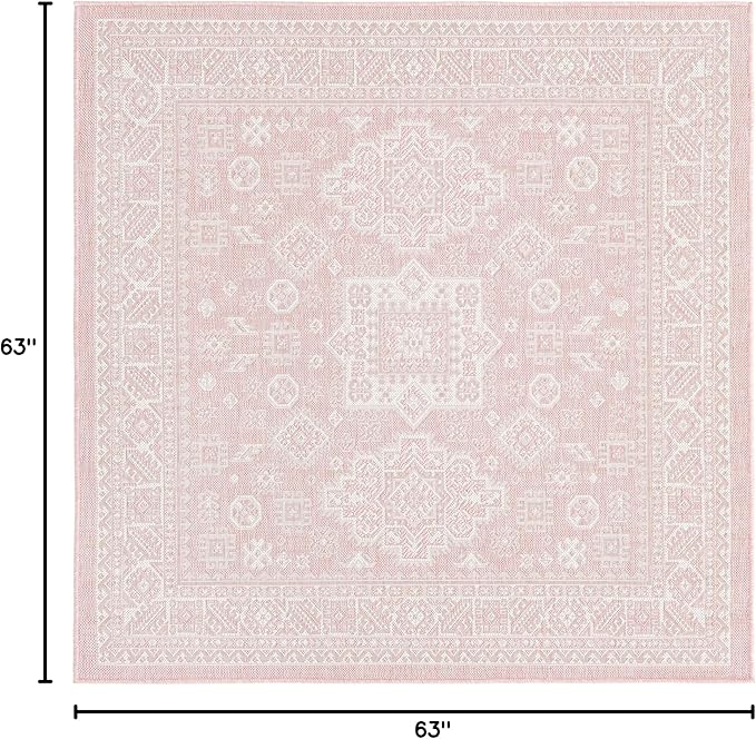 Rugs.com Outdoor Aztec Collection Rug – 5 Ft Square Pink Flatweave Rug Perfect for Living Rooms, Kitchens, Entryways