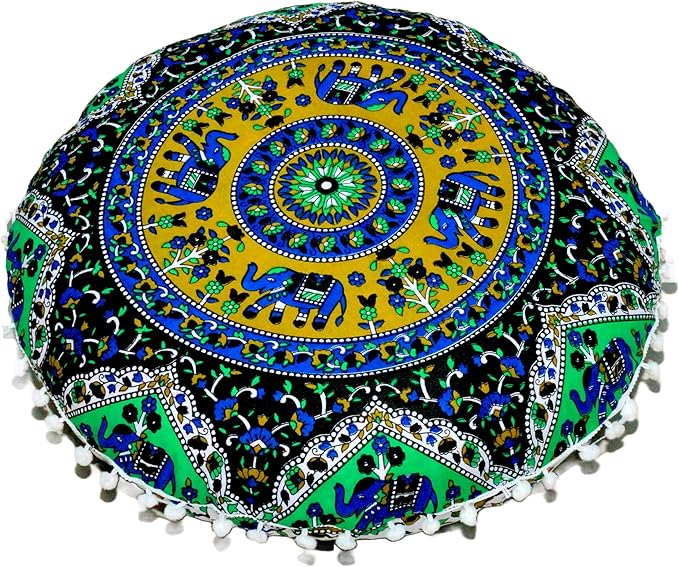 Round Mandala Floor Pillow Cover Seating Cushion Throw Cover Ottoman Pouf Cover Pom Pom Pillow Cases Hippie Decorative Bohemian Boho Indian 22 Inches (Green Blue)
