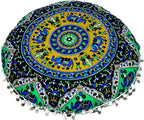 Round Mandala Floor Pillow Cover Seating Cushion Throw Cover Ottoman Pouf Cover Pom Pom Pillow Cases Hippie Decorative Bohemian Boho Indian 22 Inches (Green Blue)