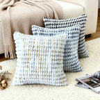 Boho Chenille Tufted Pillow Cover 24x24 Inch Set of 1, Farmhouse Striped Decorative Pillow Covers Accent Fluffy Neutral Square Pillowcases for Couch Sofa Bedroom Living Room, Gray Khaki