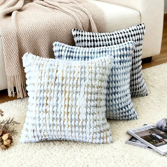 Boho Chenille Tufted Pillow Cover 20x20 Inch Set of 1, Farmhouse Striped Decorative Pillow Covers Accent Fluffy Neutral Square Pillowcases for Couch Sofa Bedroom Living Room, Gray Khaki