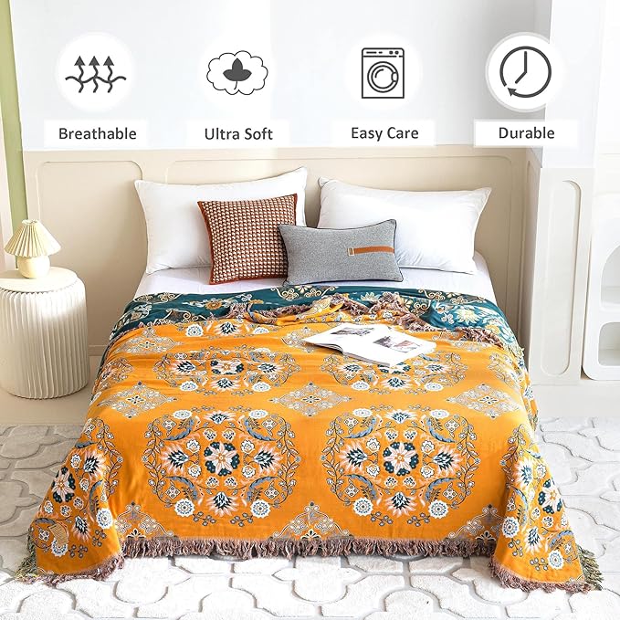 Boho Throw Blanket for Bed 100% Cotton Soft Lightweight Quilt Reversible Spring Blanket Floral Embroidery Home Decor Bed Blankets,90"x98" All Season Blankets for Sofa Couch Chair