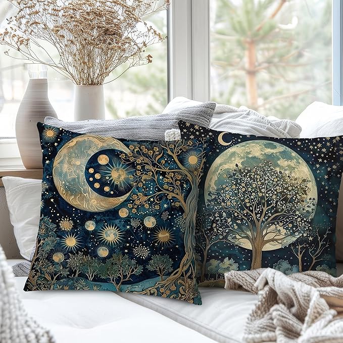 Vintage Dark William Morris Night Moon Forest Decor Pillow Covers 18x18 Set of 2,Black Forest Decor,Dark Dcademia Floral Decorative Throw Pillow Covers for Home Bedroom Living Room