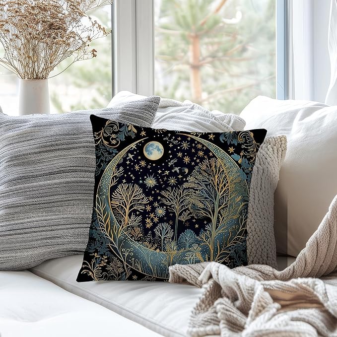 Vintage Dark William Morris Night Moon Forest Decor Pillow Covers 18x18,Black Forest Decor,Dark Dcademia Floral Decorative Throw Pillow Covers for Home Bedroom Living Room