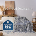 DOWN HOME Chenille Cotton Throw Blanket for Couch, Lightweight Boho Blanket for Bed Sofa Chair Living Room Outdoor Soft Woven Decorative Blanket with Tassel Gift Navy Leaves 50"x70"