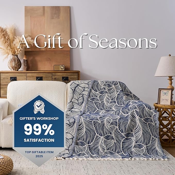 DOWN HOME Chenille Cotton Throw Blanket for Couch, Lightweight Boho Blanket for Bed Sofa Chair Living Room Outdoor Soft Woven Decorative Blanket with Tassel Gift Navy Leaves 60"x80"