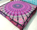 CRAFT KALA Mandala Floor Pillow Cushion Cover Seating Throw Cover Hippie Decorative Bohemian Ottoman Poufs Pom Pom Pillow Cases Boho Indian Cotton Living Room Yoga Home Décor 35" Square, Pink Peacock