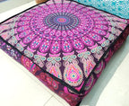CRAFT KALA Mandala Floor Pillow Cushion Cover Seating Throw Cover Hippie Decorative Bohemian Ottoman Poufs Pom Pom Pillow Cases Boho Indian Cotton Living Room Yoga Home Décor 35" Square, Pink Peacock