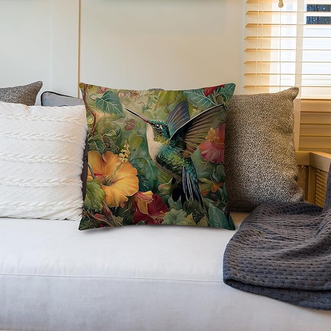 Vintage William Morris Green Hummingbird Pillow Cover 18x18 Double-Sided,Rustic Green Hummingbird Bird Animal Floral Botanical Print Decorative Throw Pillow Covers for Home Bedroom Living Room