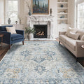 GENIMO 3x5 Area Rugs for Living Room, Machine Washable Rug, Non Slip Vintage Rugs, Low Pile Lightweight Chenille Print Rug for Bedroom, Dining Room, Home Office, Blue