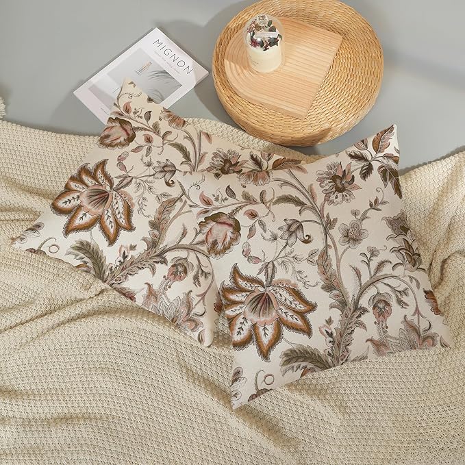 Brown Pillow Covers 18x18 Inch Set of 2 Brown Chinoiserie Floral Throw Pillows Boho Vintage Flowers Decorative Pillow Cases Outdoor Chinoiserie Decor Farmhouse Cushion Case for Couch Sofa