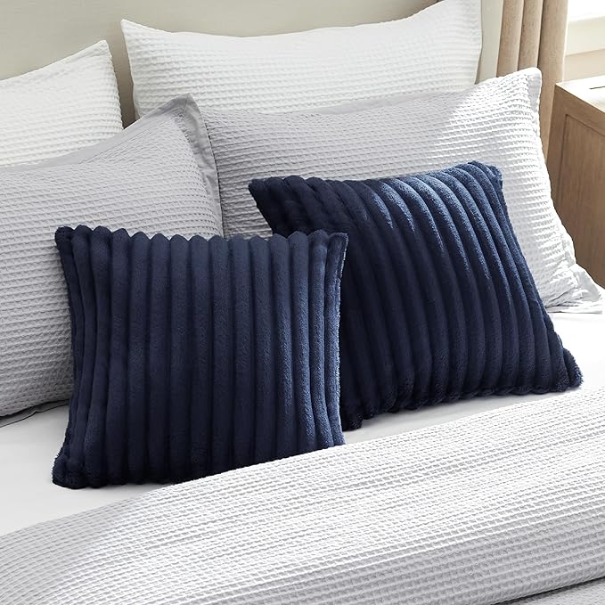 Bedsure Double-Side Striped Throw Pillow Covers 18x18 Set of 2, Spring Fluffy Blue Soft Decorative Pillow Covers, Home Decor for Couch Sofa Living Room Bedroom