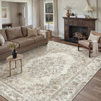 6x9 Area Rug Beige Washable Vintage Distressed Living Room Carpet Large Bedroom Indoor Medallion Floral Non Slip Retro Throw Floor Mat for Office Dining Room Kitchen Bathroom